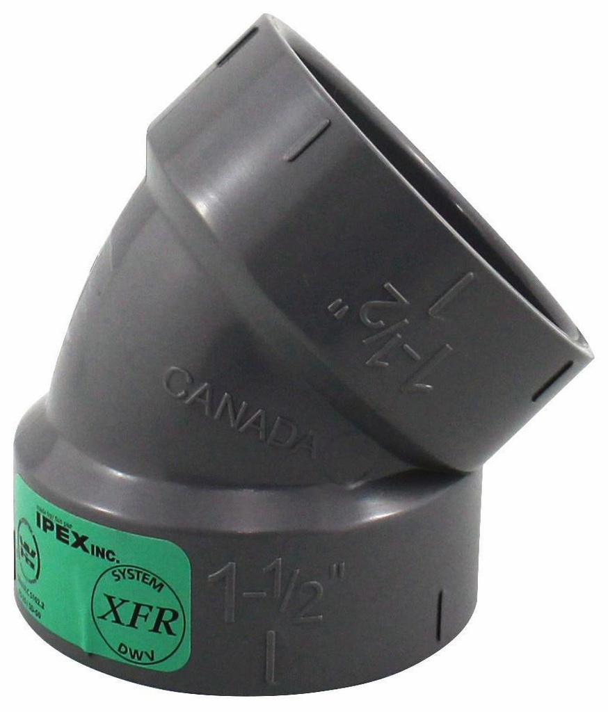 1 1/2"x45D PVC DWV SHORT TURN ELBOW HxH SYSTEM XFR
