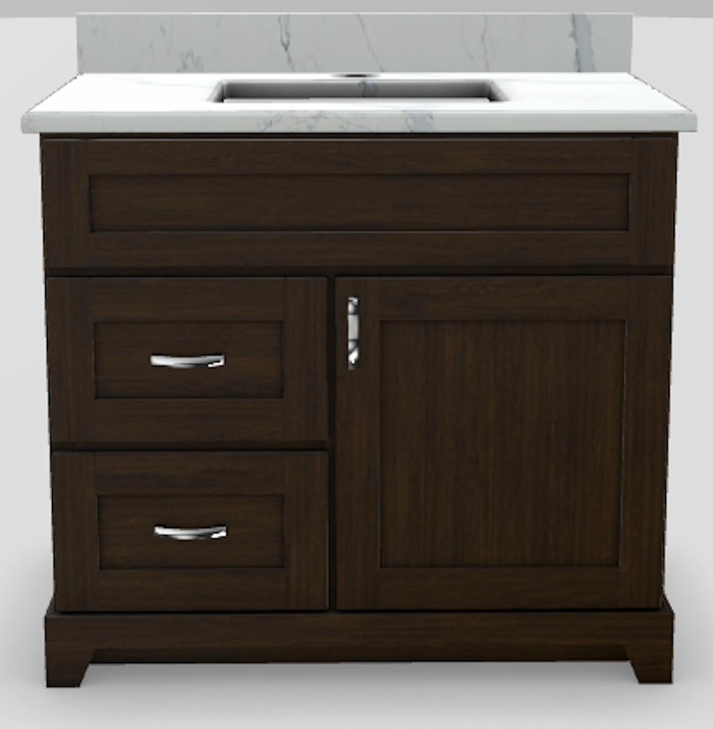 36" LH Drawer Standard Vanity Shaker with Curved Handles and 1-Hole Quartz Top