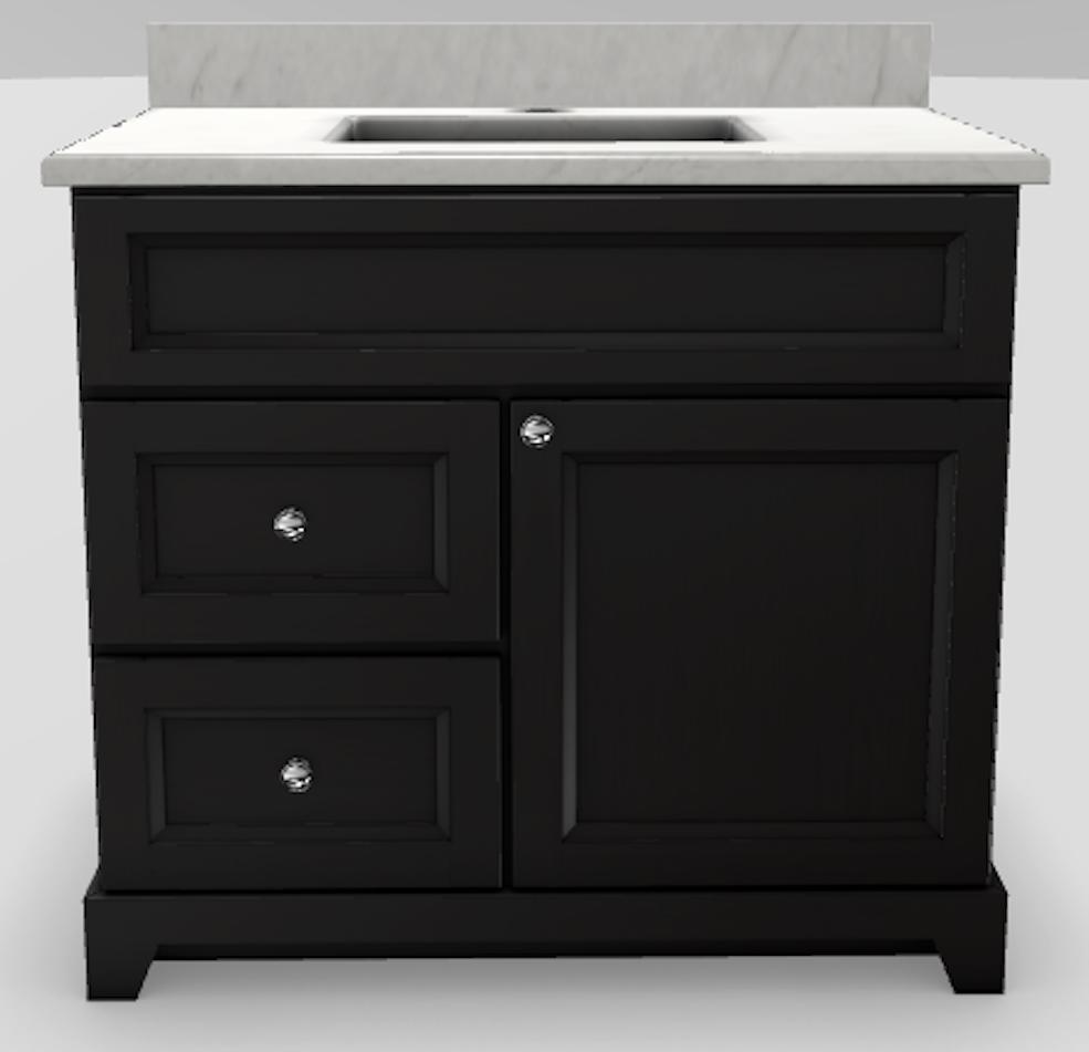 36" LH Drawer Standard Vanity Bellrose with Modern Knobs and 1-Hole Quartz Top