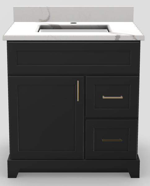 30" RH Drawer Standard Vanity Modern Shaker with Square Handles and 1-Hole Quartz Top
