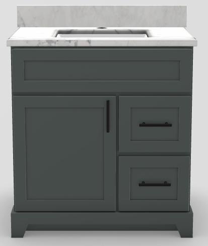 30" RH Drawer Shallow Vanity Modern Shaker with Bar Handles and 1-Hole Quartz Top
