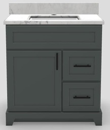 [2575008] 30" RH Drawer Shallow Vanity Modern Shaker with Bar Handles and 1-Hole Quartz Top