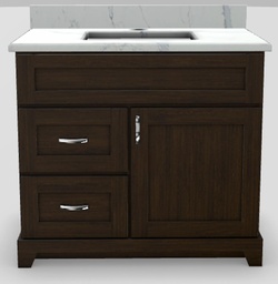 [2570260] 36" LH Drawer Standard Vanity Shaker with Curved Handles and 1-Hole Quartz Top